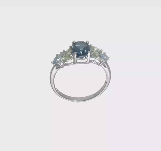 SS Rhodium London Lt.Swiss Blue/White Topaz and Peridot Ring Size 7