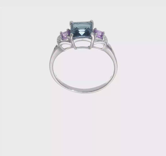 London Blue Topaz, Amethyst & Diamond Sterling Silver Ring – Size 7