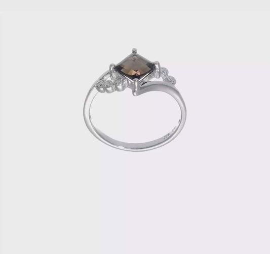 Princess-Cut Smoky Quartz & Diamond Sterling Silver Ring – Size 8