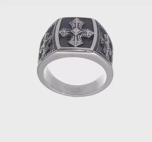 Chisel Stainless Steel Antiqued Polished and Textured Cross Ring