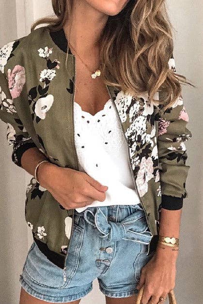 Floral Printed Zip-Up Bomber Jacket - Olive, photo 1 of 4