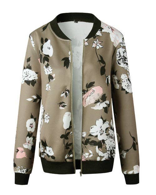 Floral Printed Zip-Up Bomber Jacket - Olive, photo 2 of 4