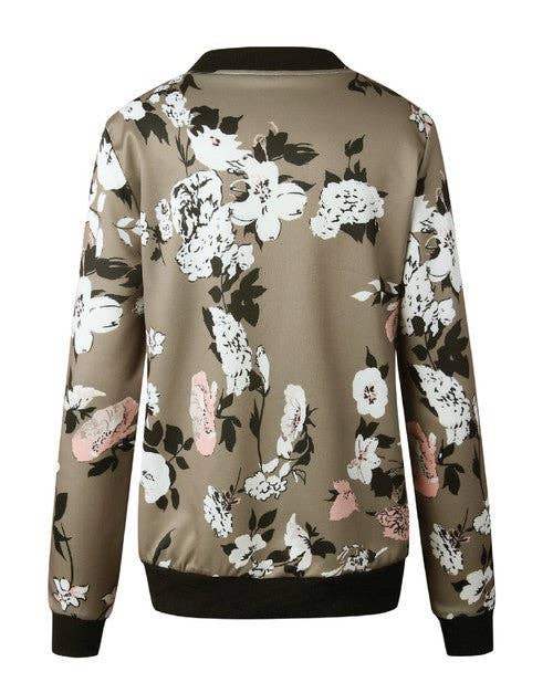 Floral Printed Zip-Up Bomber Jacket - Olive, photo 3 of 4
