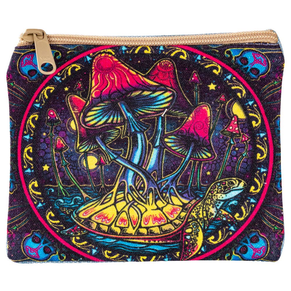 Zip coin purse printed with a cluster of red and pink mushrooms in a stained glass style against black