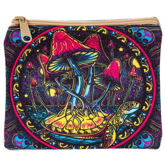 Zip coin purse printed with a cluster of red and pink mushrooms in a stained glass style against black