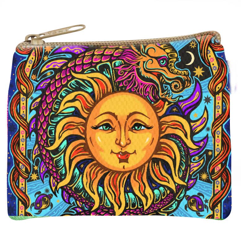 Zip coin purse printed with a psychedelic sun face wrapped in dragon and vine forms in hot orange, cobalt and green