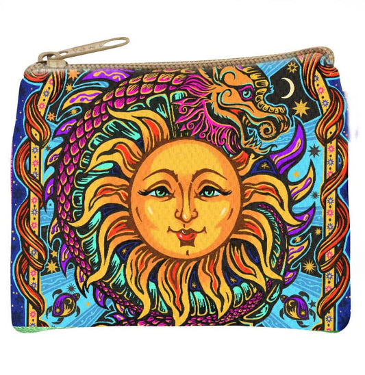 Zip coin purse printed with a psychedelic sun face wrapped in dragon and vine forms in hot orange, cobalt and green