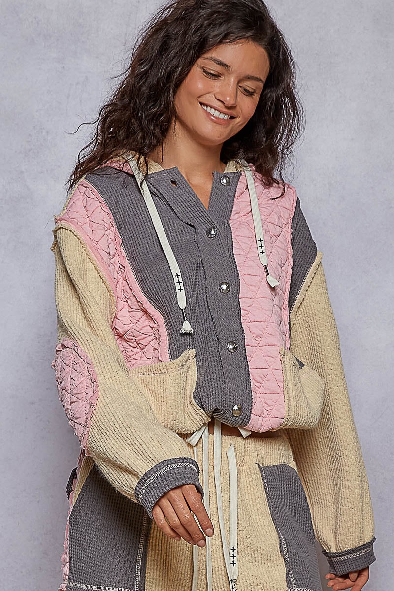 Balloon sleeve quilted detail floral knit hoodie jacket - Candy Pink/Gray, photo 1 of 2