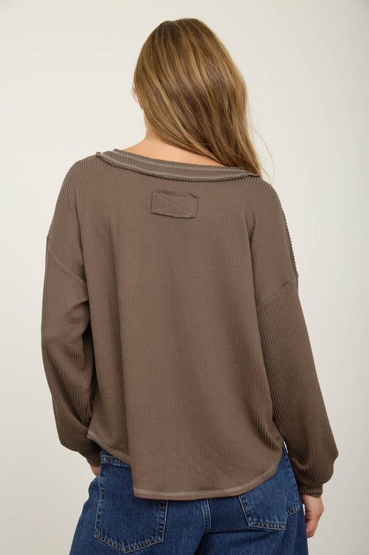 Back view of the mocha waffle knit top