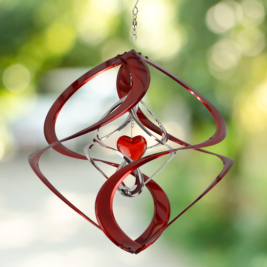 Red Heart Double Helix Garden Wind Spinner - copper-plated metal and glass