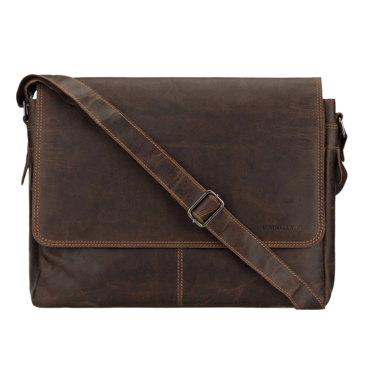 Richmond brown full-grain leather laptop messenger bag with flap closed and shoulder strap
