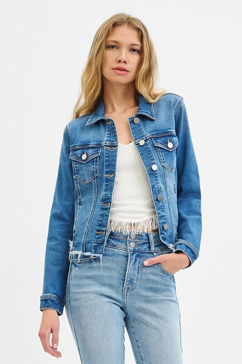 Plus size Risen frayed hem jean jacket in medium wash stretch denim