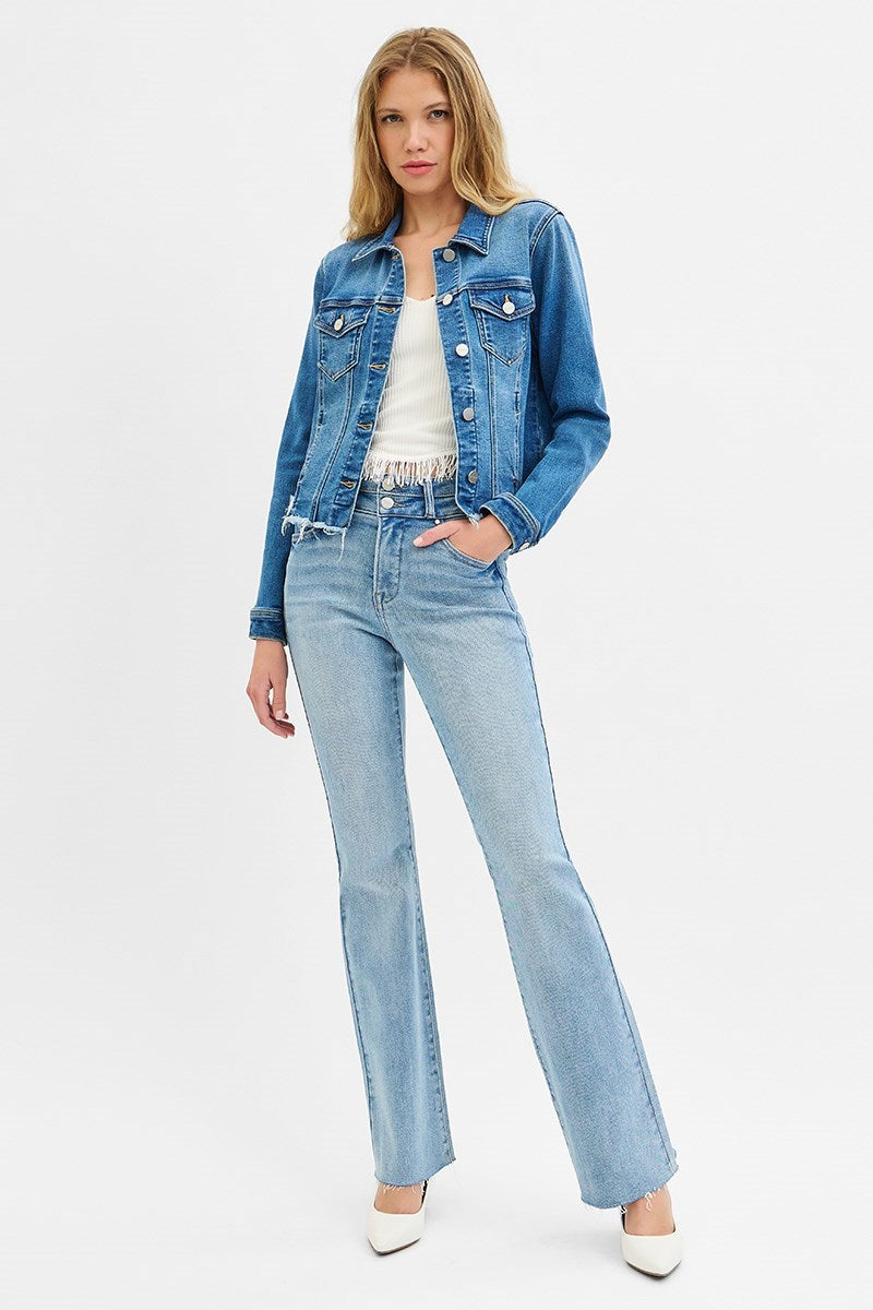 Plus size Risen frayed hem jean jacket in medium wash stretch denim, photo 2 of 3