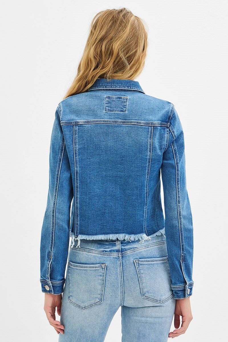 Plus size Risen frayed hem jean jacket in medium wash stretch denim, photo 3 of 3