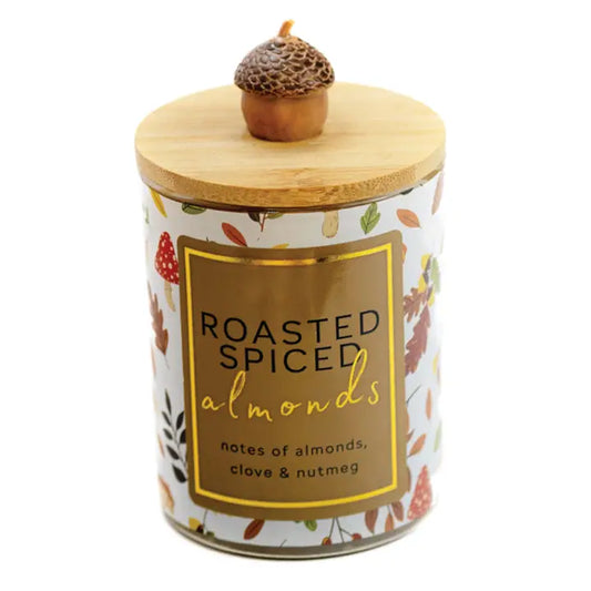 Roasted Spice Almonds scented 10 oz soy jar candle in a clear glass jar.