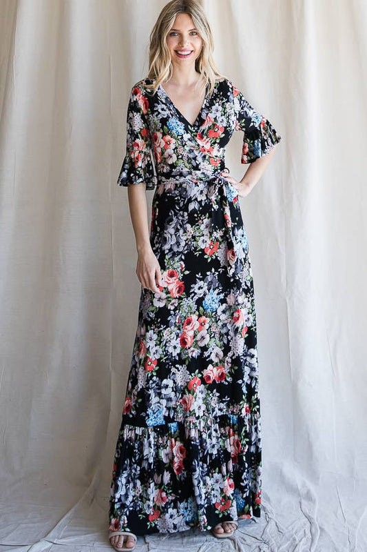 Romantic Whimsy surplice maxi dress by 7th Ray, 95% rayon, 5% spandex