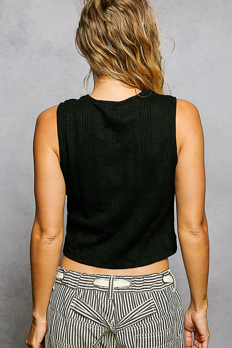 Black round neck sleeveless top in a textured knit, photo 3 of 4