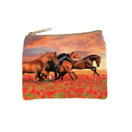 Zip coin purse printed with two horses galloping through a field of red poppies under a warm sunset sky