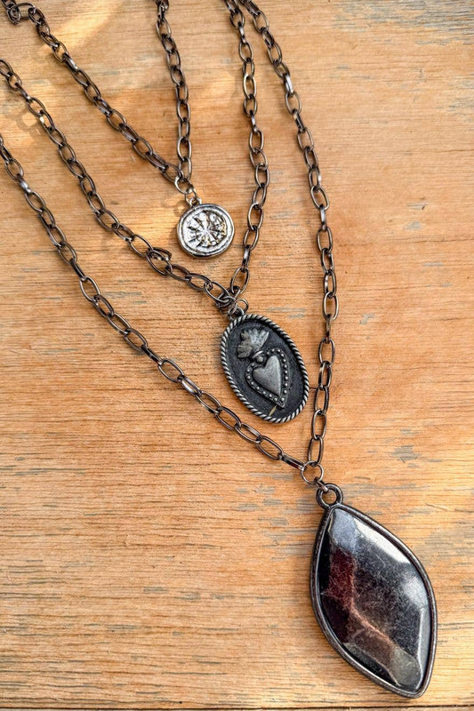 Sacred Heart 3-Layer Charm Necklace - Vintage Silver