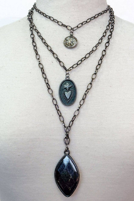 Sacred Heart 3-Layer Charm Necklace - Vintage Silver, photo 2 of 2