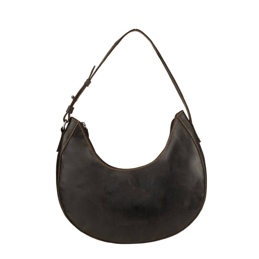 Dark brown leather crescent hobo bag with a single shoulder strap