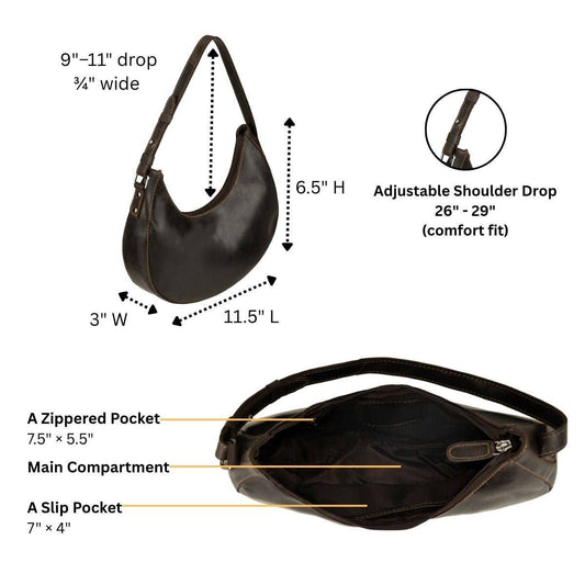 Selene hobo size chart, shown in dark brown: 11.5 inches long, 6.5 inches high, 3 inches wide, 9 to 11 inch drop; this listing is chestnut