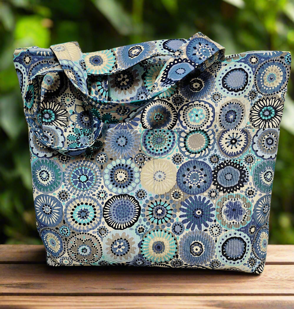 Example fabric: handmade weekender tote in shades of blue