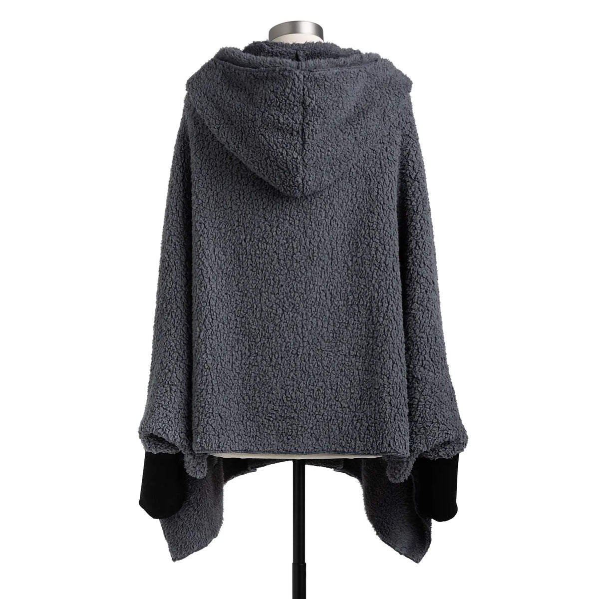 Back view of the charcoal gray sherpa hooded wrap showing the hood and draped sides