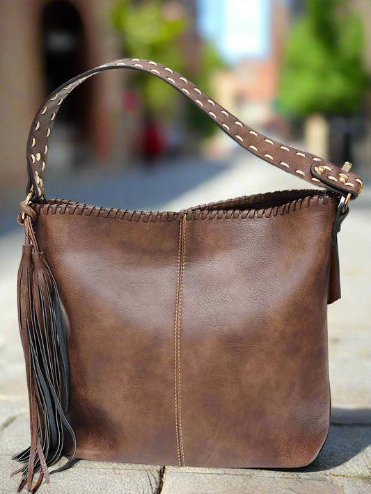 Sierra Whipstitch Vegan Leather Hobo Bag - Brown