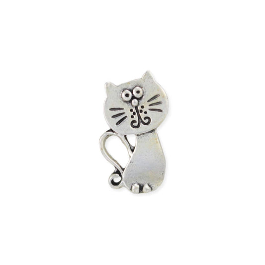 Single silver tone sitting cat post earring with etched whiskers and curled tail