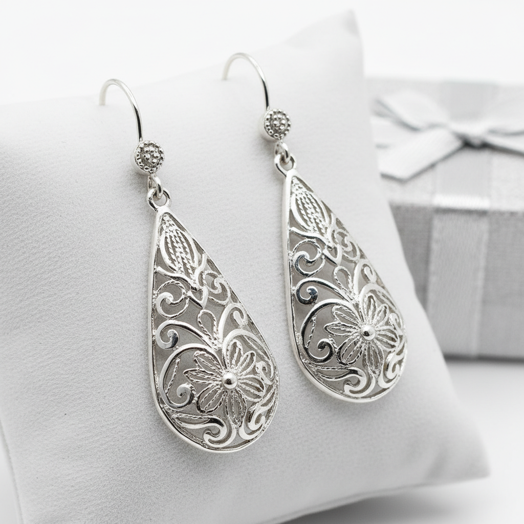 Silver filigree teardrop dangle earrings
