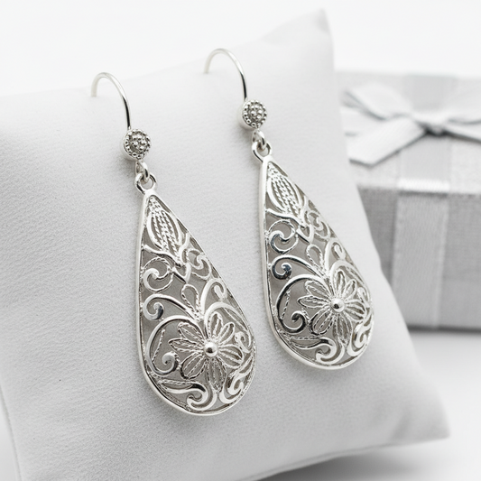 Silver filigree teardrop dangle earrings