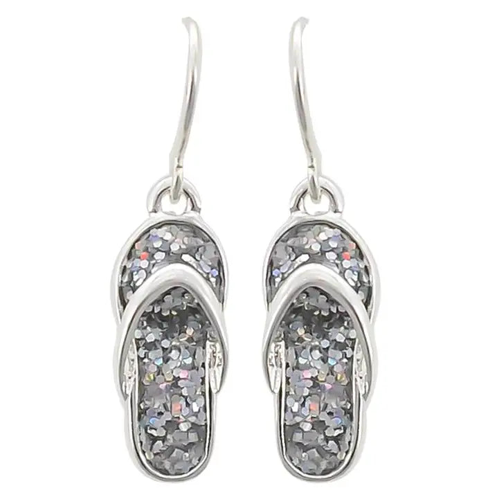 Silver Glitter Flip Flop Sandal Dangle Earrings