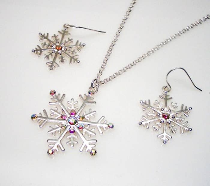 Silver snowflake necklace and earrings with pink rose AB rhinestones