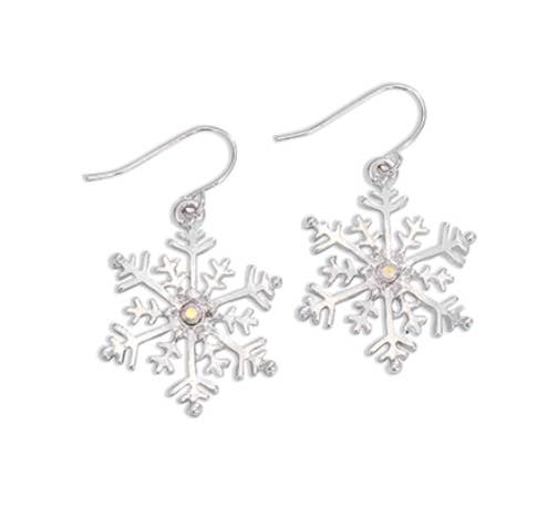 Silver crystal AB snowflake earrings, angled view