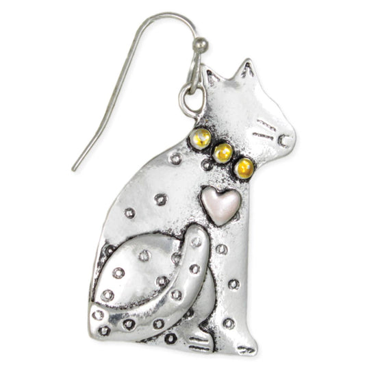 Silver tone sitting cat earring with polka dots and a tiny gold collar and heart