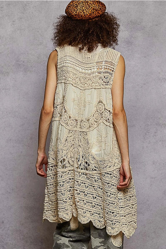 Sleeveless Varied Pattern Detail Crochet Open Cardigan