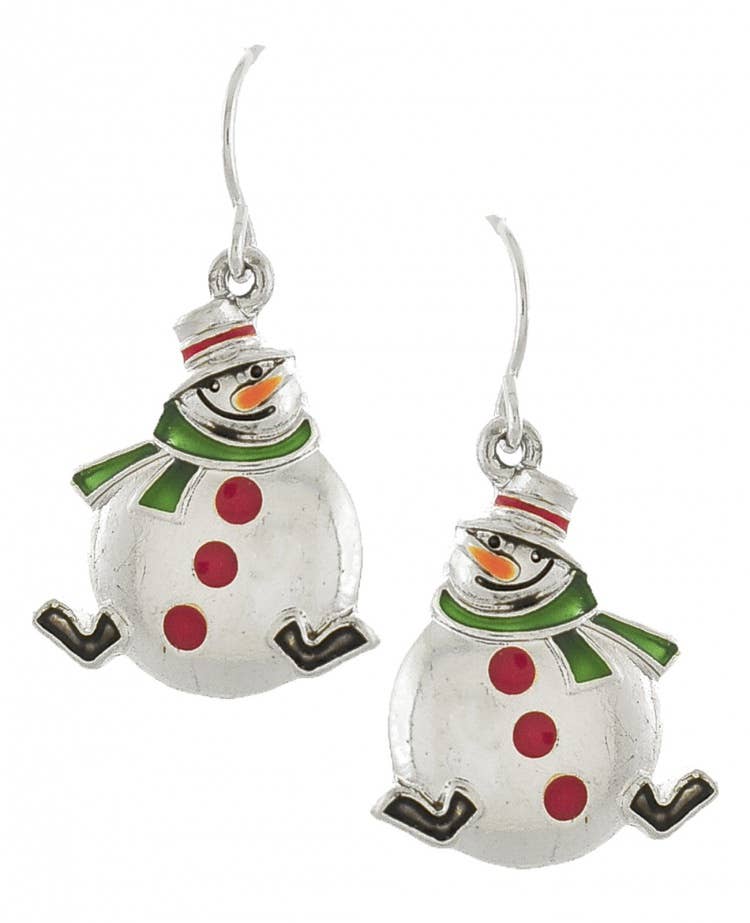 Smiling snowman earrings with green hats and red scarves