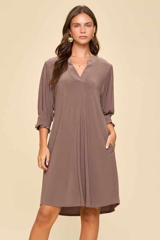 Smocked Sleeve Lizzy Collar Shirt Dress - Mocha