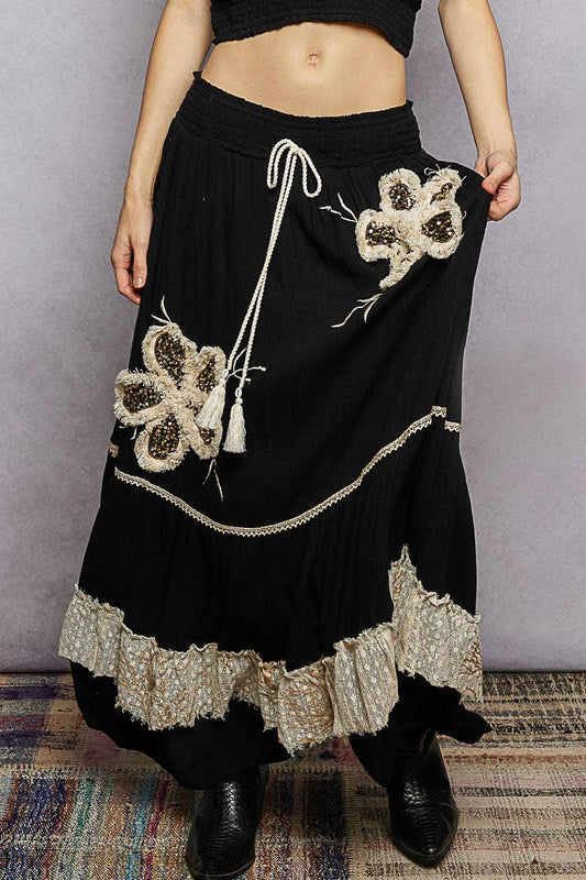 Smocked Waist Ruffle Embroidered Fringe Long Skirt - Black, viscose