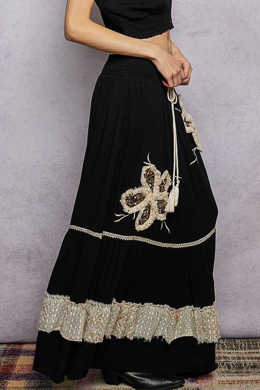 Smocked Waist Ruffle Embroidered Fringe Long Skirt - Black, photo 2 of 6