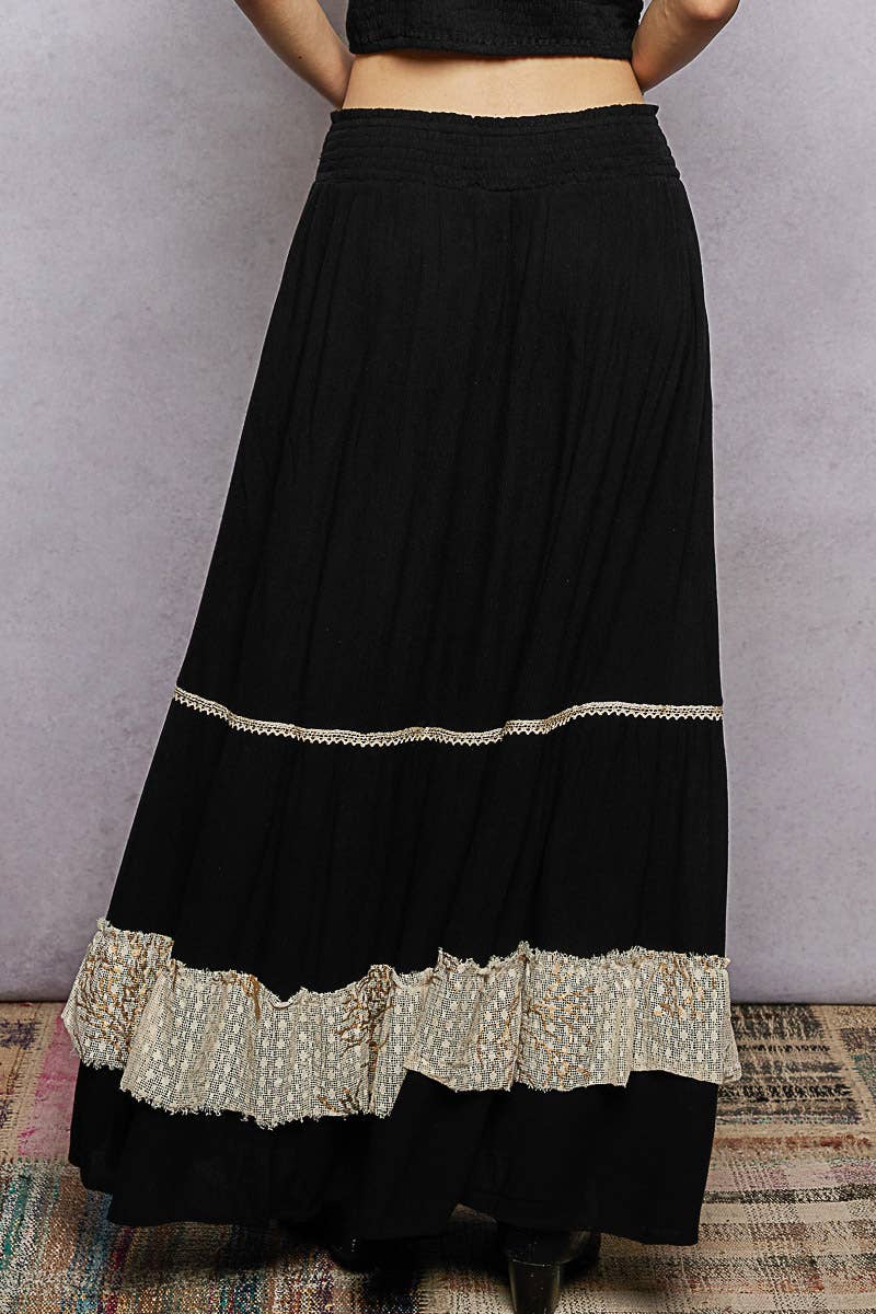 Smocked Waist Ruffle Embroidered Fringe Long Skirt - Black, photo 3 of 6
