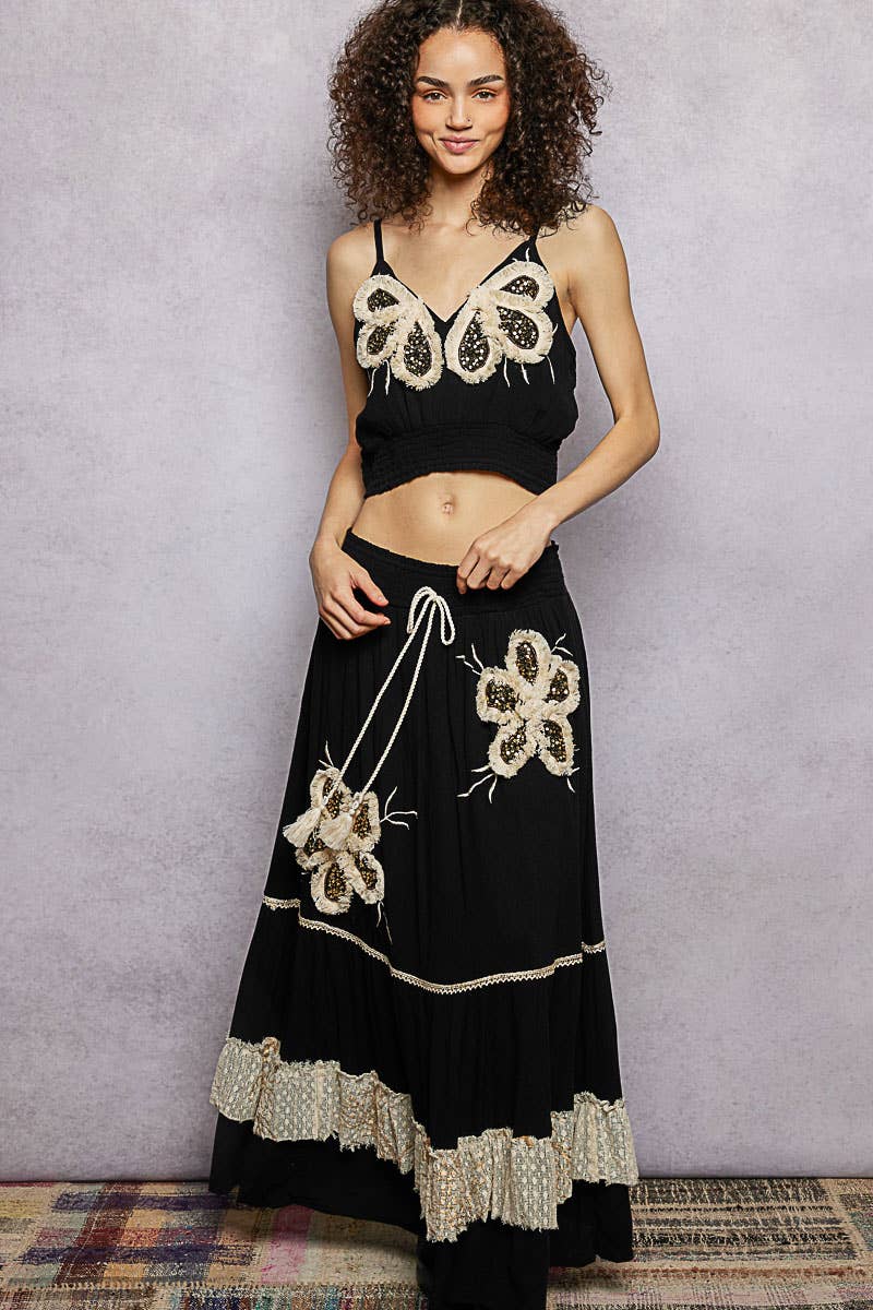 Smocked Waist Ruffle Embroidered Fringe Long Skirt - Black, photo 4 of 6