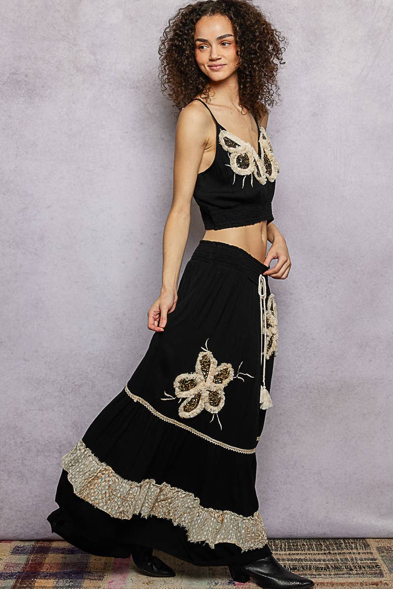 Smocked Waist Ruffle Embroidered Fringe Long Skirt - Black, photo 5 of 6