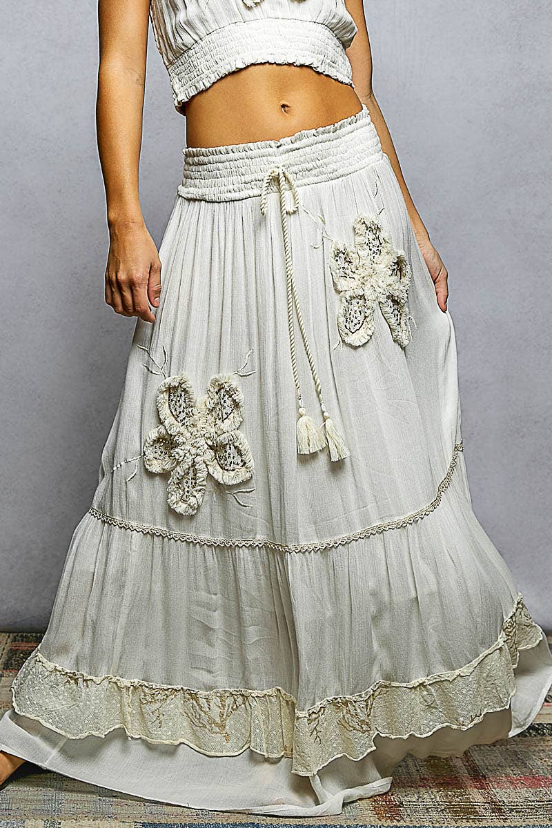 Smocked Waist Ruffle Embroidered Fringe Long Skirt - Ivory, viscose