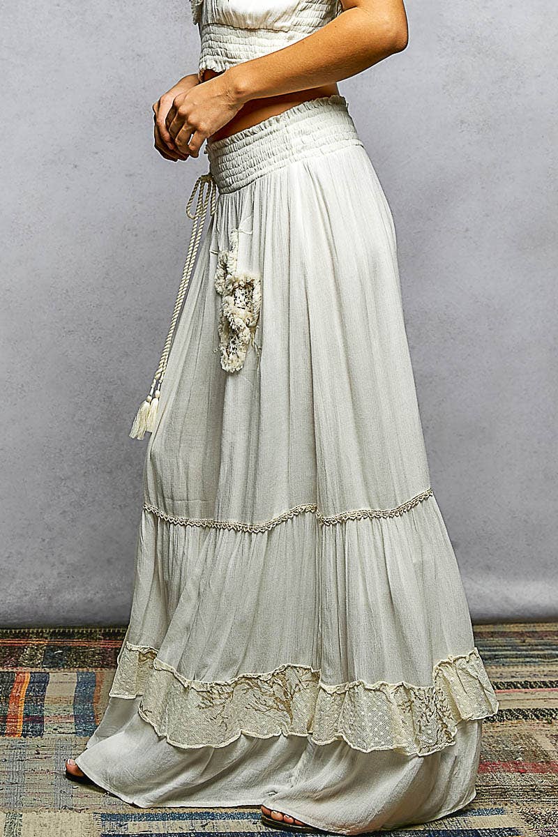 Smocked Waist Ruffle Embroidered Fringe Long Skirt - Ivory, photo 3 of 8