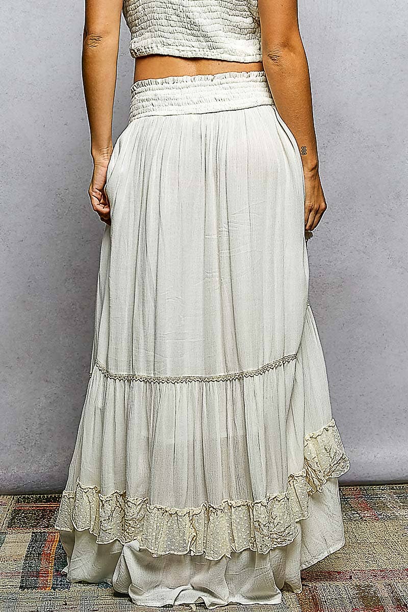 Smocked Waist Ruffle Embroidered Fringe Long Skirt - Ivory, photo 4 of 8