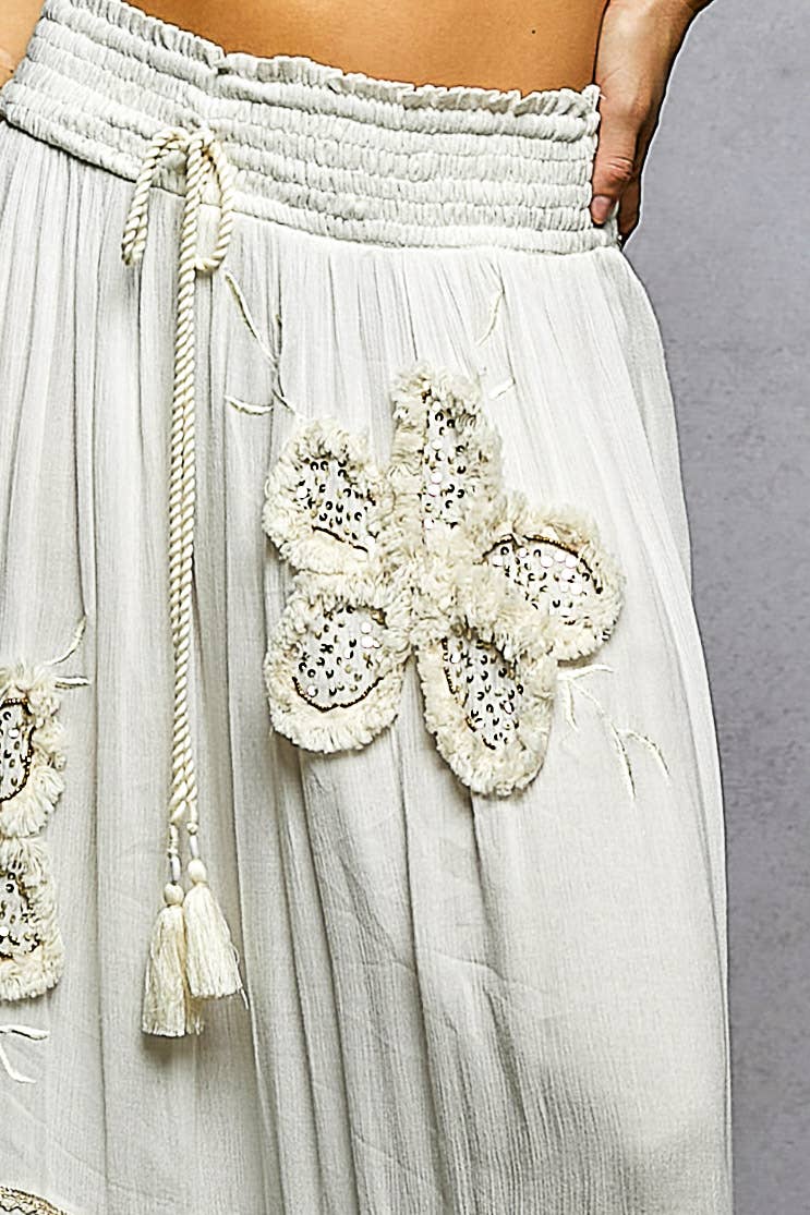 Smocked Waist Ruffle Embroidered Fringe Long Skirt - Ivory, photo 7 of 8