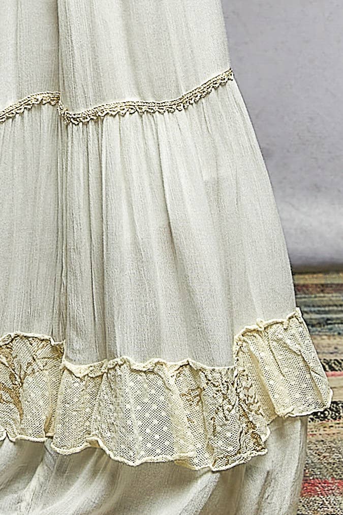 Smocked Waist Ruffle Embroidered Fringe Long Skirt - Ivory, photo 8 of 8