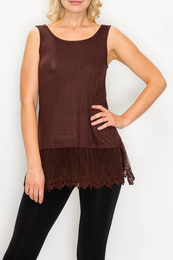 Brown relaxed tank with sheer floral lace hem, front view with black leggings